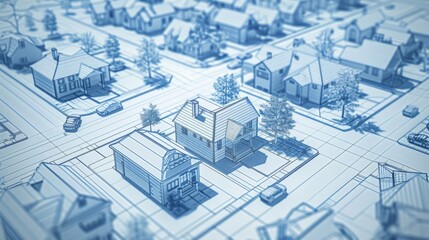 A detailed blueprint-style drawing showing a suburban neighborhood with houses and streets. The image conveys meticulous planning and architectural precision.