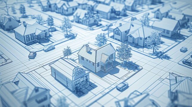 A detailed blueprint-style drawing showing a suburban neighborhood with houses and streets. The image conveys meticulous planning and architectural precision.