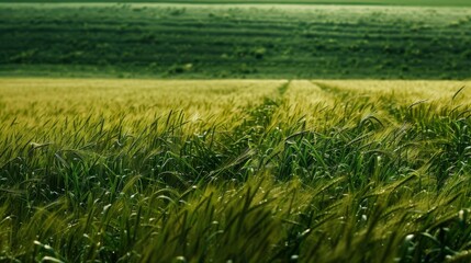 Obraz premium A serene landscape image showcasing a lush green field full of wheat grass, with rows of grass creating a sense of depth and tranquility in the countryside.