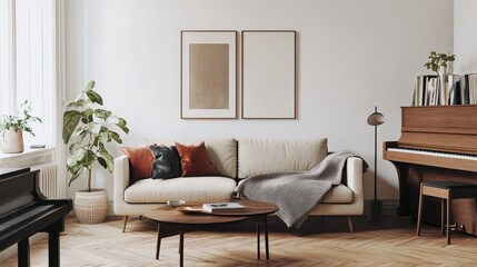 Modern Living Room with Sofa, Piano, and Wooden Coffee Table