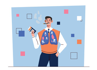 Man with harmful smoking. Young guy smokes cigarette. Nicotine and tobacco addiction. Harmful lifestyle and bad habits. Damage for lungs. Flat vector illustration isolated on white background