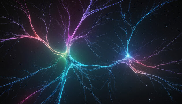 Neural connections, aurora, artificial intelligence, beautiful alien space visualization of a neural network,science and technology abstract art