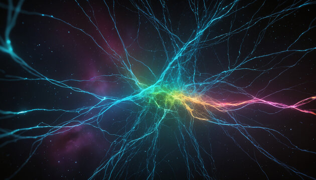 Neural connections, aurora, artificial intelligence, beautiful alien space visualization of a neural network,science and technology abstract art
