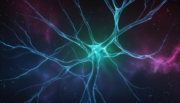 Neural connections, aurora, artificial intelligence, beautiful alien space visualization of a neural network,science and technology abstract art