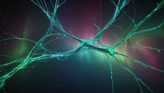 Neural connections, aurora, artificial intelligence, beautiful alien space visualization of a neural network,science and technology abstract art