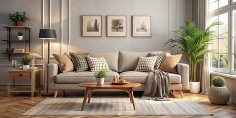 Fototapeta premium Cozy living room scene with comfortable sofa, living room, interior, home, furniture, comfortable, cushion, relaxation, modern