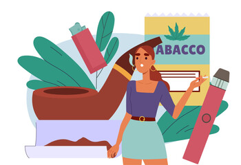 Woman with homemade cigarettes. Young girl with tobacco and nicotine products. Cannabis and marijuana. Harmful and toxic product. Flat vector illustration isolated on white background