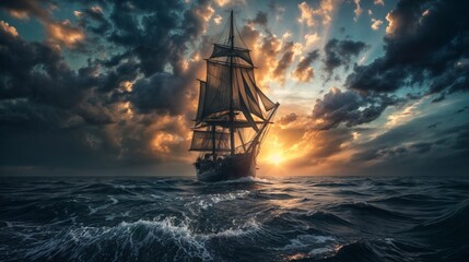 Obraz premium A majestic tall ship with full sails glides through the ocean towards the sunset, set against a dramatic sky and waves..