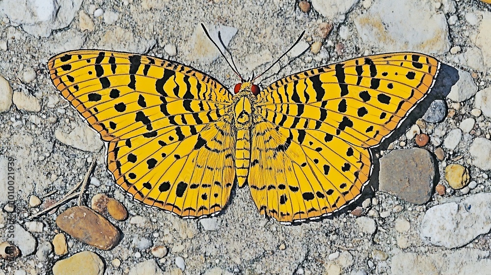 Sticker Yellow Butterfly with Black Spots on a Gravel Path