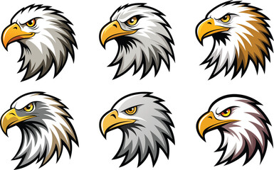 Fototapeta premium Elevate your designs with this pack of 6 striking eagle head silhouettes. Perfect for logos, emblems, labels, merchandise, wildlife themes, and patriotic projects. Easy to customize.