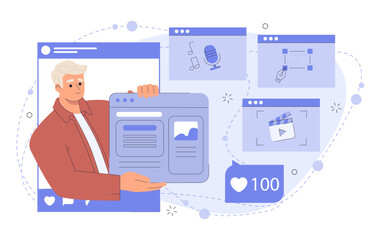 Influencer marketing concept. Man with posts for social networks and messenger. Promoting content and company on Internet. Marketer and famous personality. Flat vector illustration