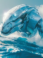 Killer Wale, mecha style, straight, flowing eys, surrealistic, clear line, shining, in blue ocean, sun, very cool, animal type, futuristic, photorealistic, cinema atmosphere, unreal engine 5, highly d