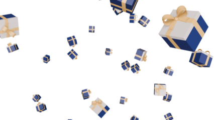 a bunch of blue and white boxes with gold ribbons
