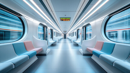 Obraz premium A train with a green sign on the wall. The train is empty. There are many seats in the train