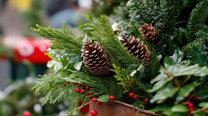 Obraz premium Beautiful bouquet of fir tree branches adorned with natural cones, creating a rustic and festive atmosphere. This elegant arrangement highlights the charm of evergreen foliage, 