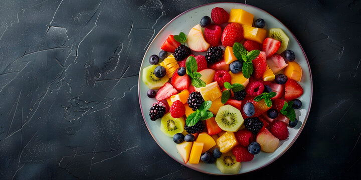 Plato de frutas frescas con moras y kiwi en fondo gris cuarteado