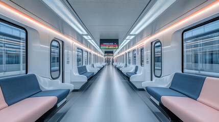 Fototapeta premium A train with a pink and blue seat. The seats are empty. The train is long and has a lot of windows