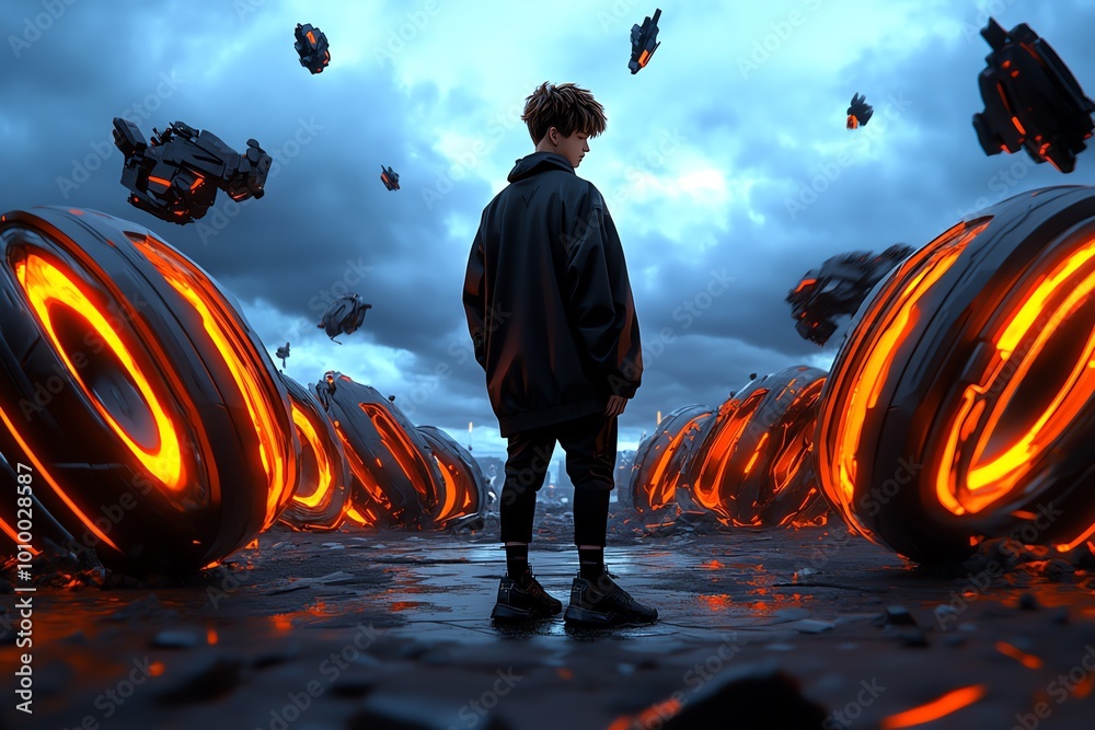 Aufkleber a calm figure standing in a futuristic wasteland, with robotic structures crumbling around them, the