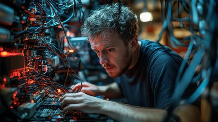 Stressed IT Technician Untangling Cables and Fixing Malfunctioning Equipment