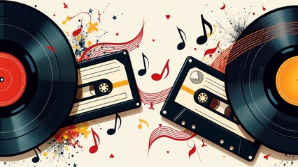 old vinyl records and cassette tapes forming a retro music border, with spinning records, tape reels, and musical sound waves wrapping around the edges