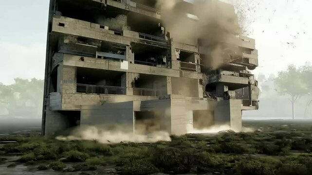 building complete dust debris structural destruction concrete walls columns dramatic visual impact old demolition industrial ruin construction broken