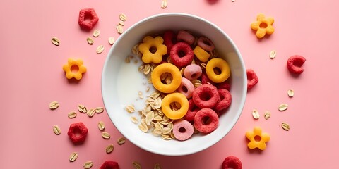 Muesli in a bowl, with copy space, featuring a top view of a healthy breakfast, with granola, fruit, oat, and milk, as a nutritious food and meal option (21)