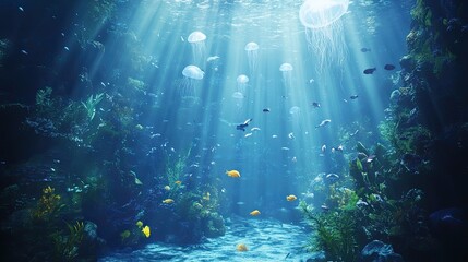 Naklejka premium Sunbeams Illuminating a Vibrant Underwater Scene with Jellyfish and Fish