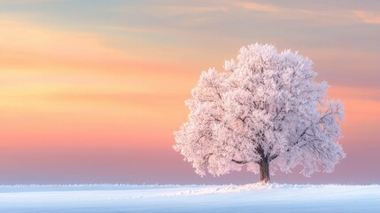 Naklejka premium A Single Frost-Covered Tree Stands Tall Against a Pink and Orange Sunset