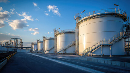 Obraz premium A row of large white tanks are lined up next to a road. The tanks are connected to a pipeline