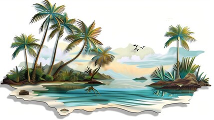 Fototapeta premium An artistic rendition of a scenic tropical island with tall palm trees, blue waters, and distant mountains, capturing the serene beauty and tranquility of nature.