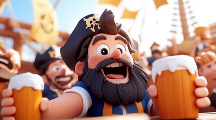 An exuberant animated pirate raises two mugs of frothy drinks on a vibrant ship, surrounded by a lively crew, capturing festive spirit in a jovial setting.