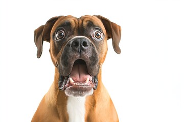 Fototapeta premium Close-up Of A Angry And Surprised Boxer Dog Isolated On White Background With A Funny And Excited Expression, Dog Portrait