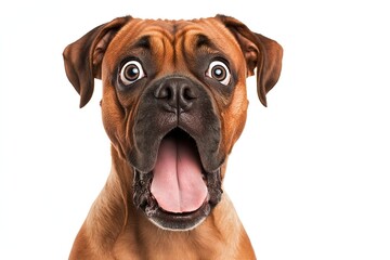 Obraz premium Close-up Of A Angry And Surprised Boxer Dog Isolated On White Background With A Funny And Excited Expression, Dog Portrait