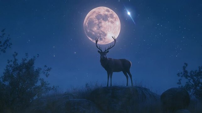 A deer stands on a rock avoiding predators who want to eat it on a beautiful full moon night. seamless looping time-lapse virtual 4k video Animation Background.	