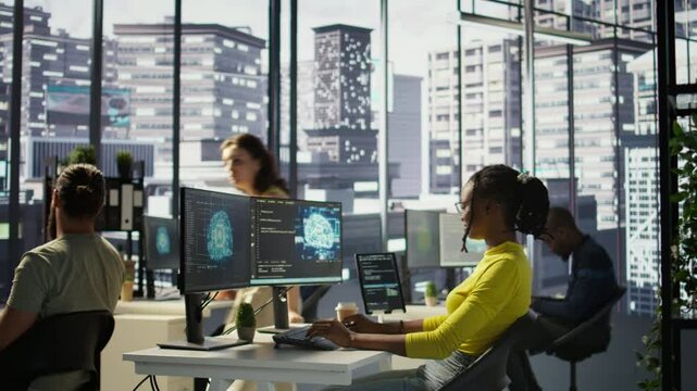 Computer scientist testing AI company software, identifying errors in machine learning tech. African american IT staff member writing artificial intelligence code in programming language, camera B