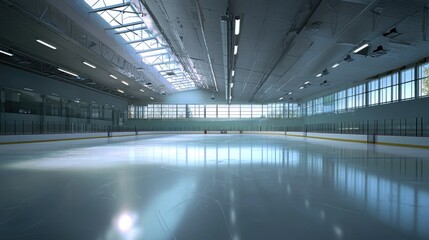 Empty Ice Hockey Rink with Bright Lighting and Glass Windows