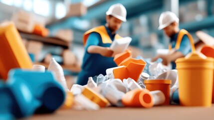 Two workers wearing helmets carefully sort through recyclable materials in a facility, highlighting recycling, industry, and teamwork in waste management.