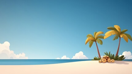 Fototapeta premium A serene beach with white sand and clear blue sky is adorned with two tall palm trees and a small pile of golden coins, evoking a sense of peace and tranquility.