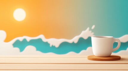 A simple white coffee cup sits on a wooden table against a stunning backdrop of a sunrise with waves, symbolizing tranquility and the start of a new day.