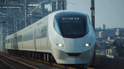 Fototapeta premium Sleek electric train speeding through a scenic landscape, showcasing modern transportation technology and the beauty of rail travel. Ideal for showcasing innovation in transit, travel articles,