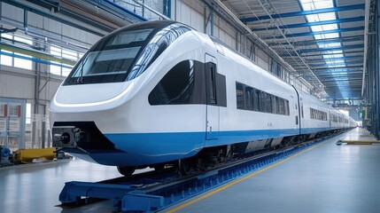 Fototapeta premium Sleek electric train speeding through a scenic landscape, showcasing modern transportation technology and the beauty of rail travel. Ideal for showcasing innovation in transit, travel articles,