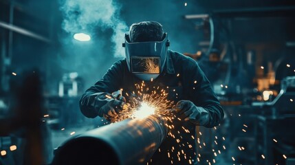 Welder wearing a protective mask cutting a metal pipe in a workshop