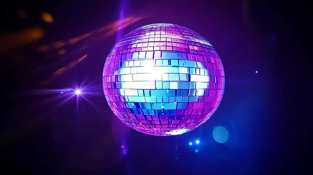 vibrant 3D loop animation ofcolorful disco ball spinning seamlessly bright purple blue reflections creatingretro style motion perfect modern party visuals 4K closeup close discotheque club seamless
