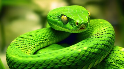 Fototapeta premium Realistic depiction of a green snake coiled in a natural environment, showcasing its vibrant color and intricate scales. Perfect for nature enthusiasts, educational materials, or wildlife illustration
