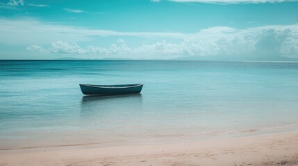 Obraz premium A serene view of a single boat drifting in the calm turquoise waters, with a pristine white sand beach and distant horizon under a blue sky