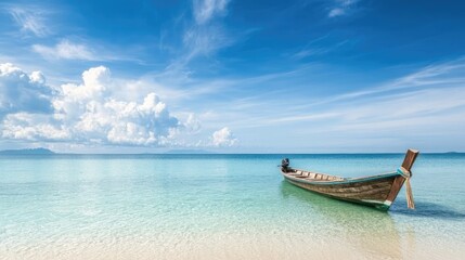 Obraz premium A serene view of a single boat drifting in the calm turquoise waters, with a pristine white sand beach and distant horizon under a blue sky