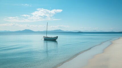 Obraz premium A lonely boat anchored in the calm sea, with a beautiful stretch of white sand beach and distant hills under a bright, clear sky