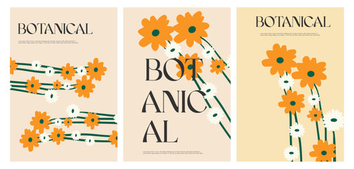set of aesthetic Flower Market posters. Trendy botanical wall arts with floral design template