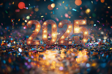 The spotlight illuminates the large 3D number "2025", the shadow of the number can be seen towards the front, surrounded by a splash from the confetti, new year mood. 