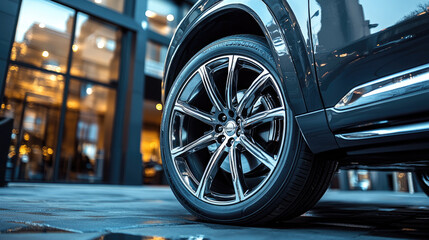 A black car with a shiny wheel. The wheel is on a wet surface. The car is parked in front of a building